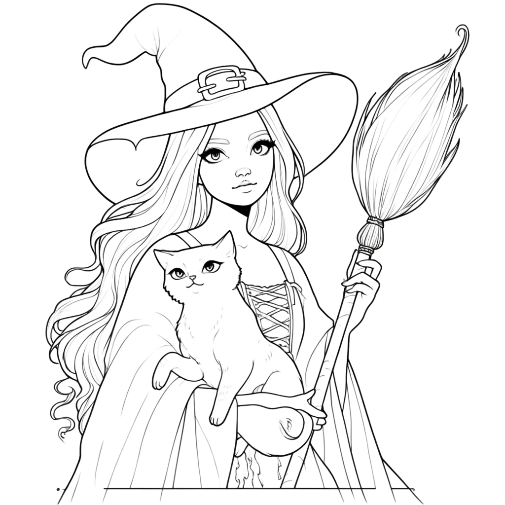 Bruja y gato para colorear