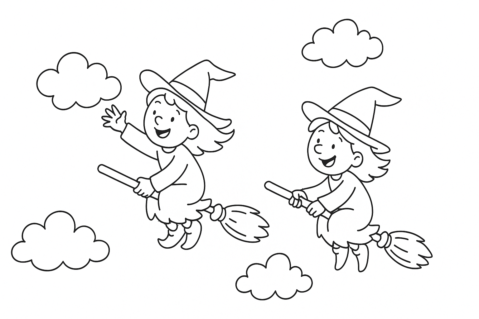 Brujas en escoba – página para colorear para imprimir