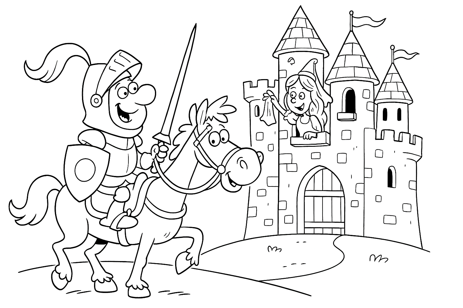 Caballero, castillo y princesa – página para colorear