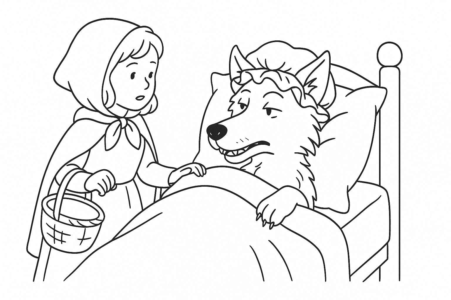 Caperucita Roja junto a la cama de la abuela – para colorear