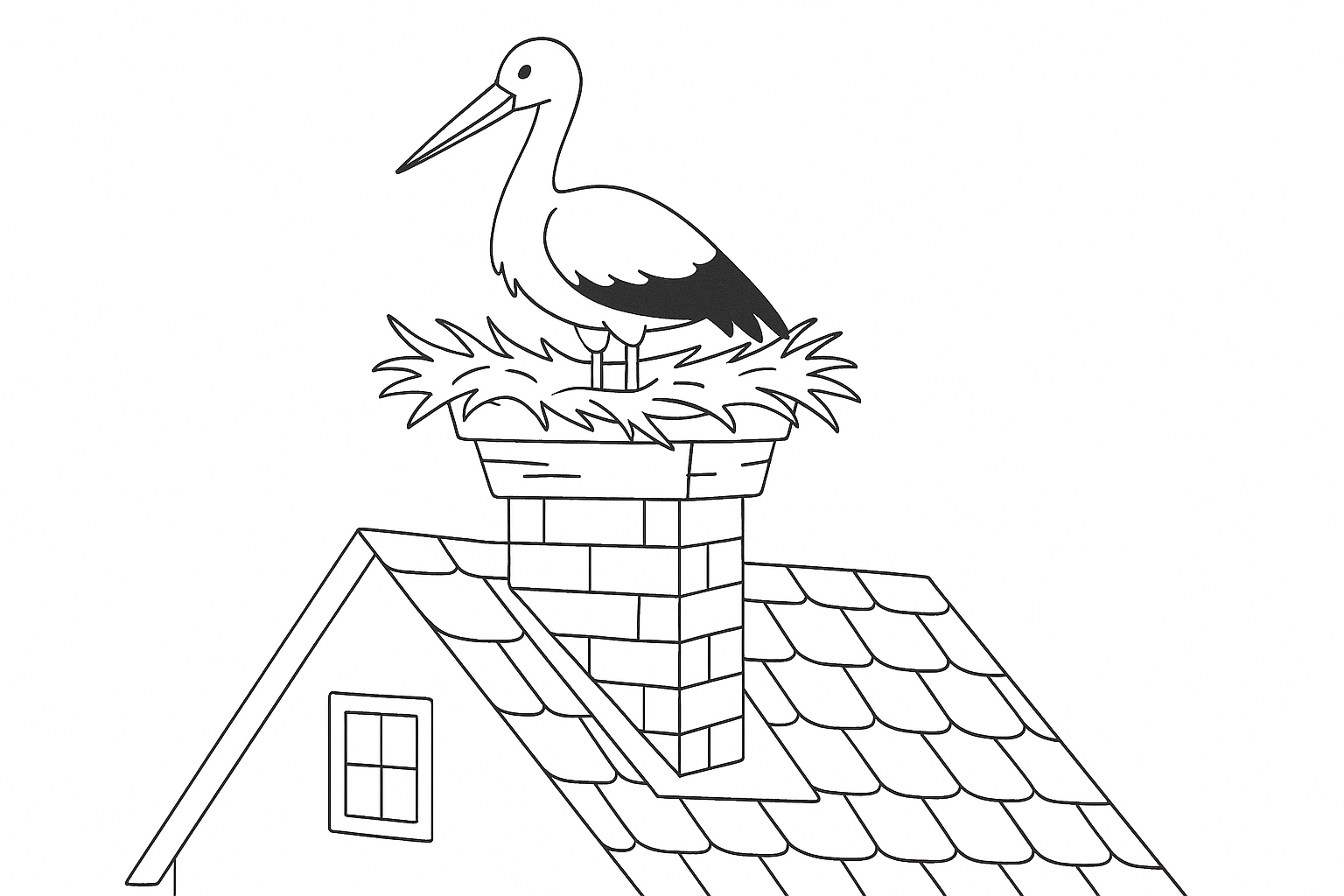Casa con nido de cigüeña en el tejado