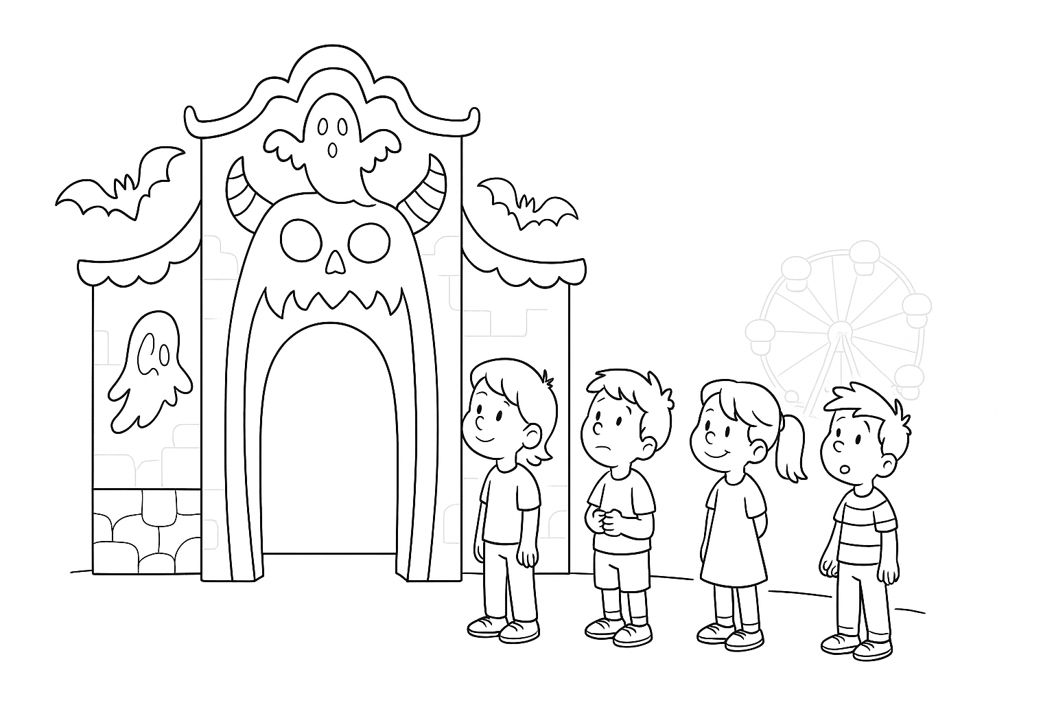 Casa del terror con niños – para colorear gratis