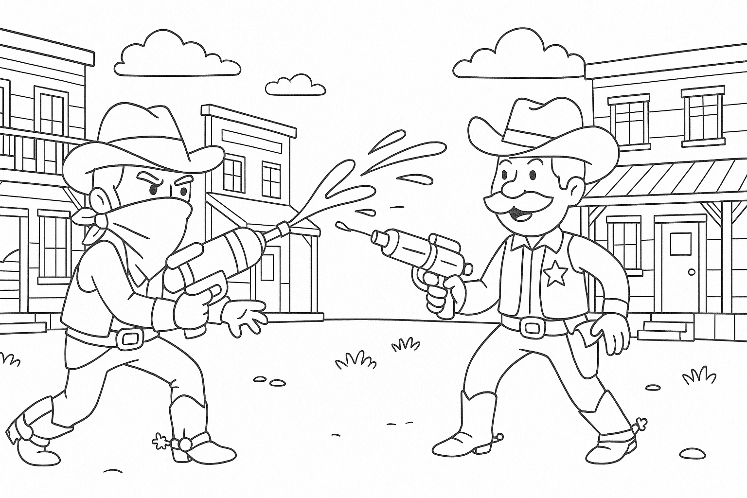 Duelo de vaqueros con pistolas de agua – para colorear