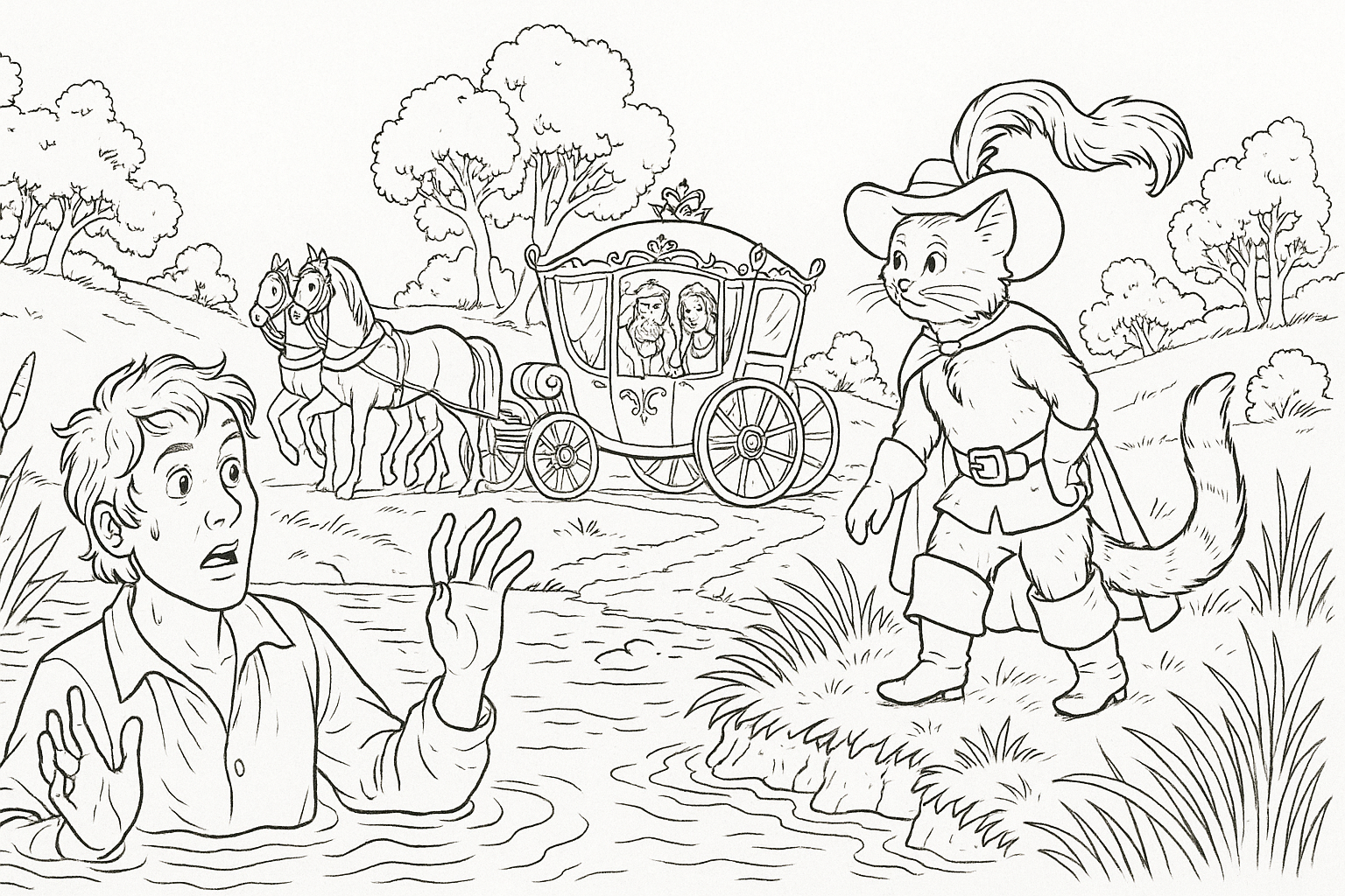 El gato con botas junto al río – para colorear