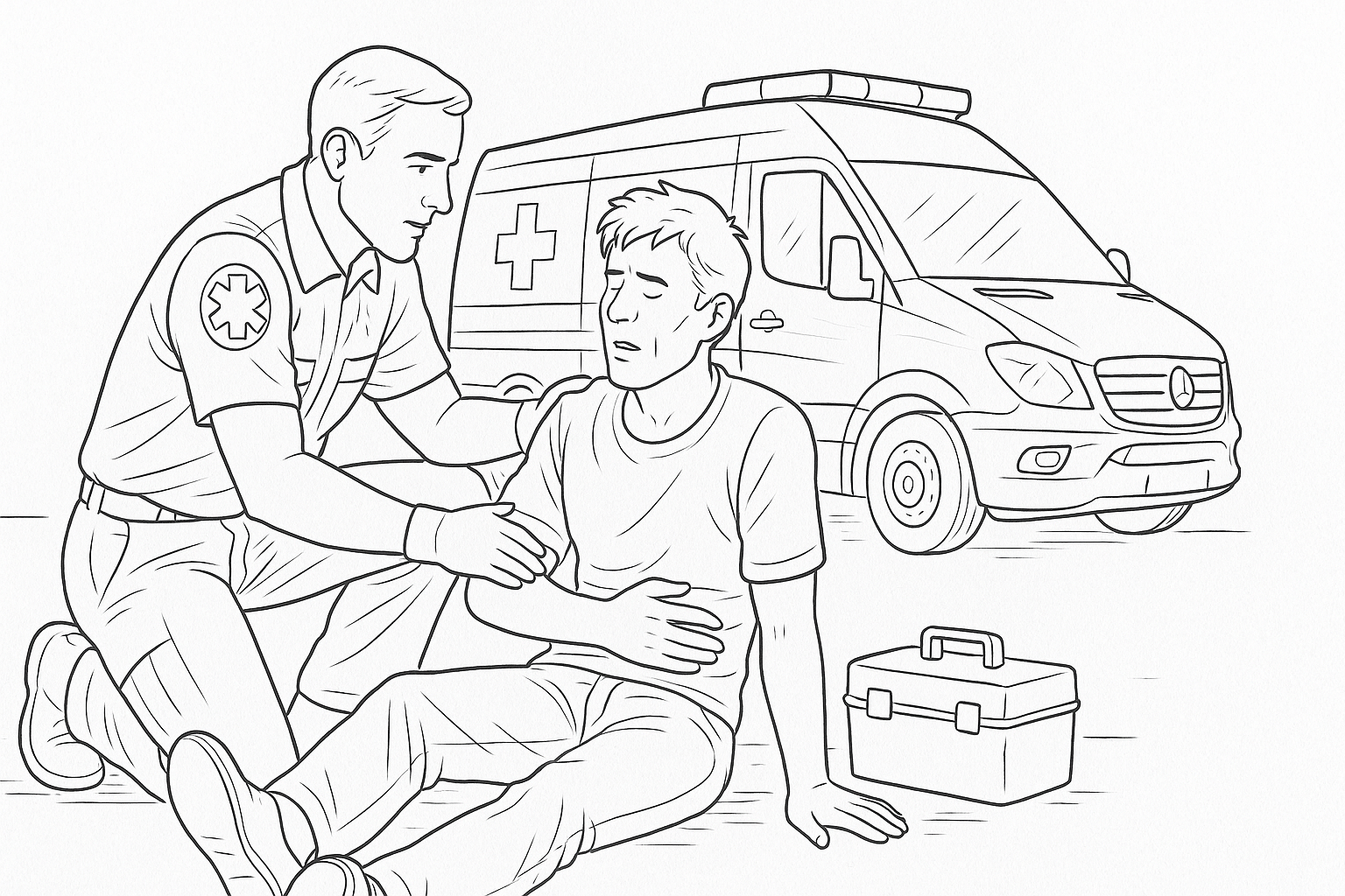 Escena de rescate con paramédico y paciente