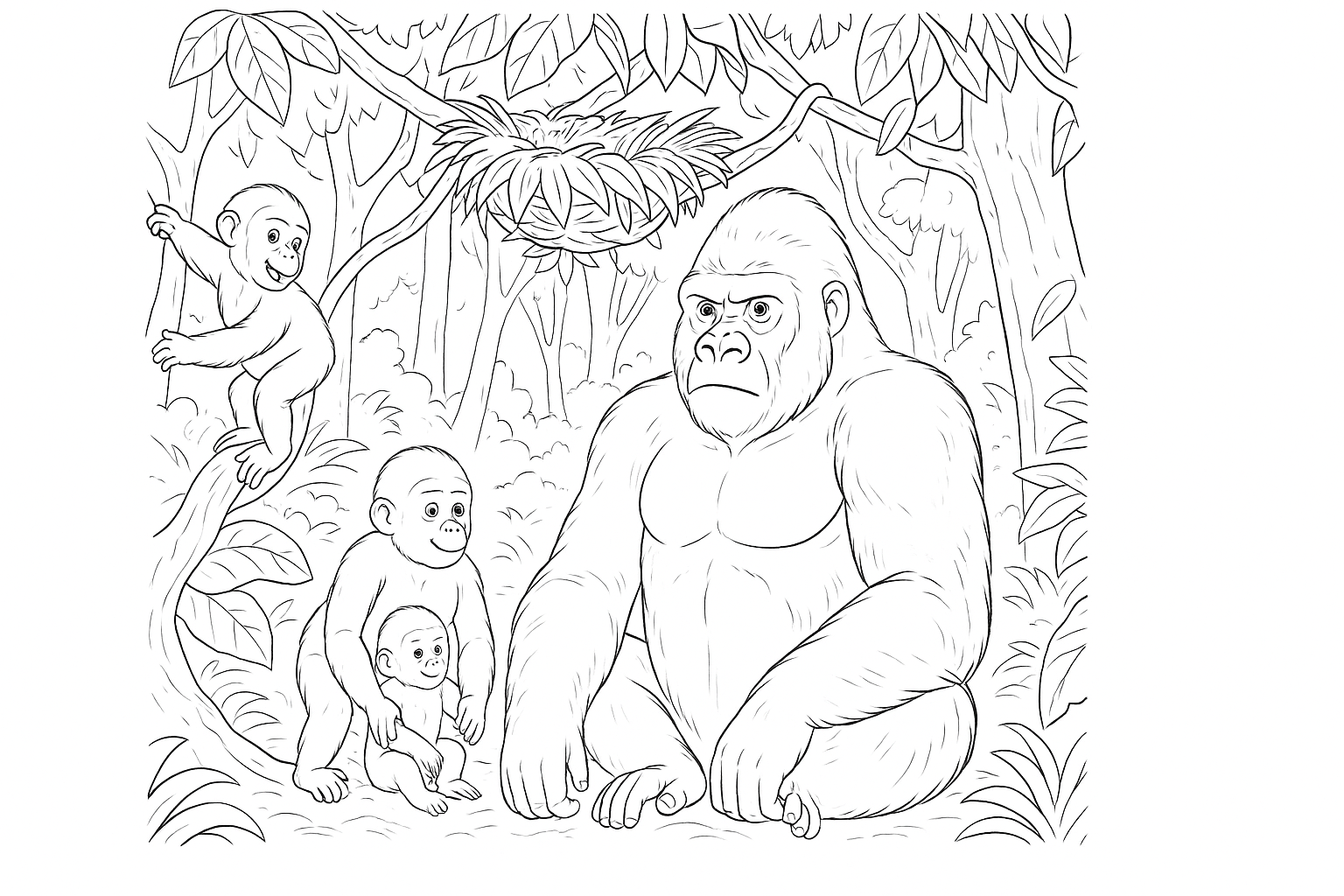 Familia de gorilas – lámina para colorear para niños