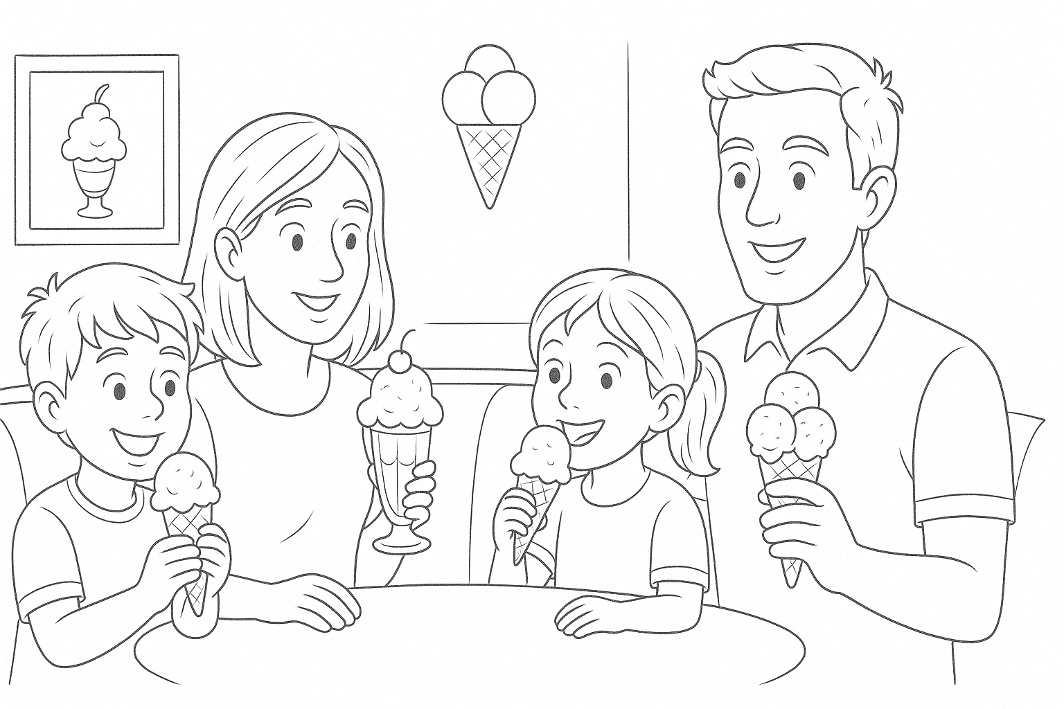 Familia en la heladería tomando helado
