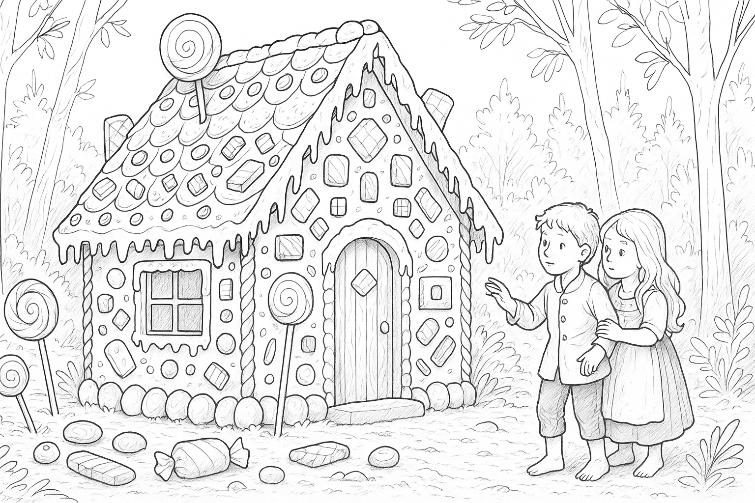 Hansel y Gretel en la casa de jengibre – para colorear