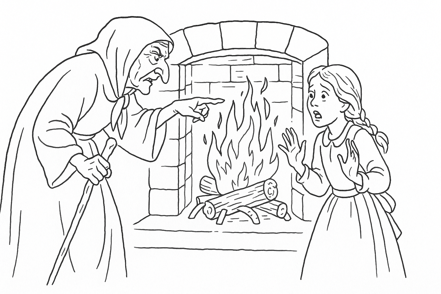 Hansel y Gretel: página para colorear – bruja al fuego, PDF gratis