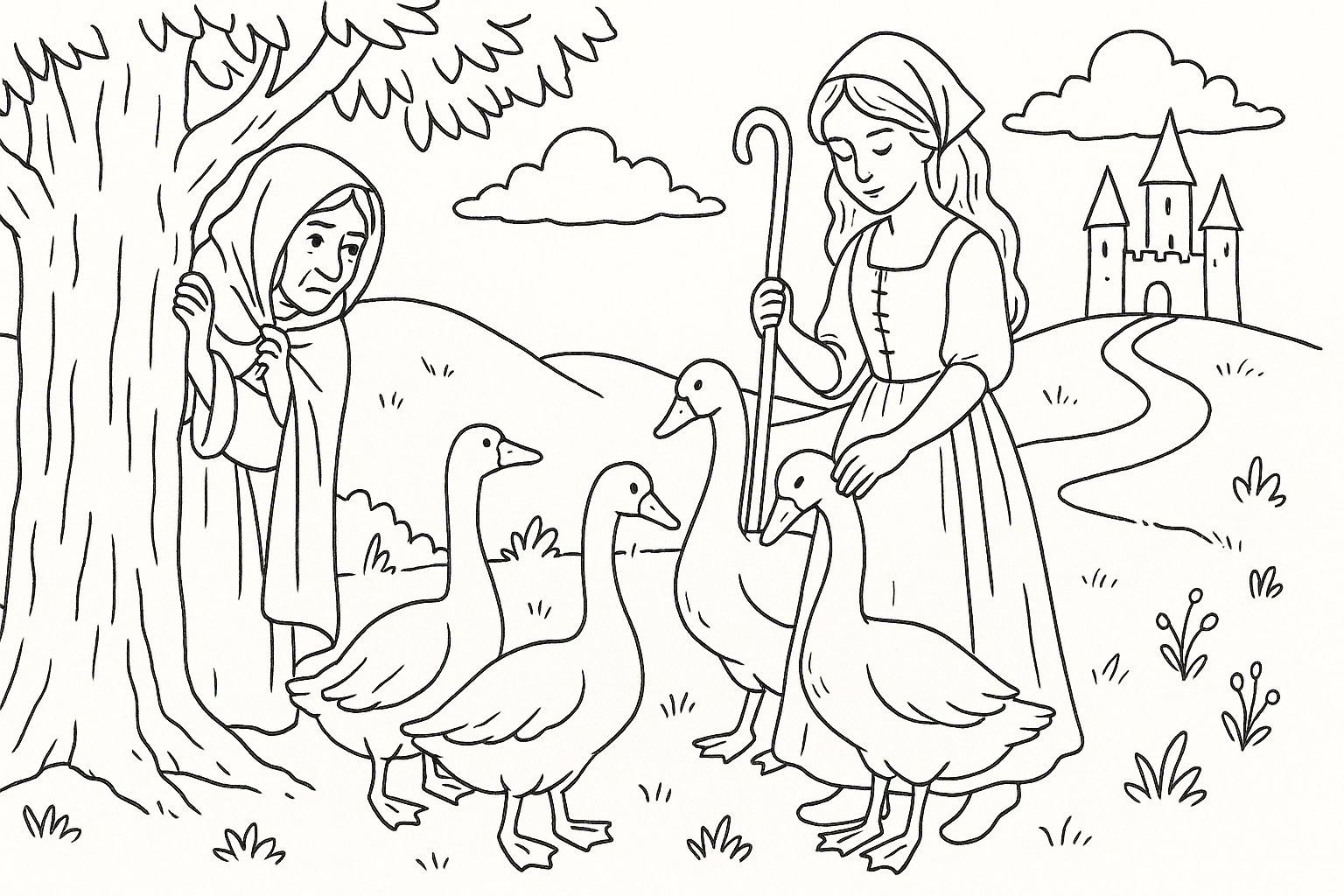 La pastora de gansos para colorear – plantilla de cuento