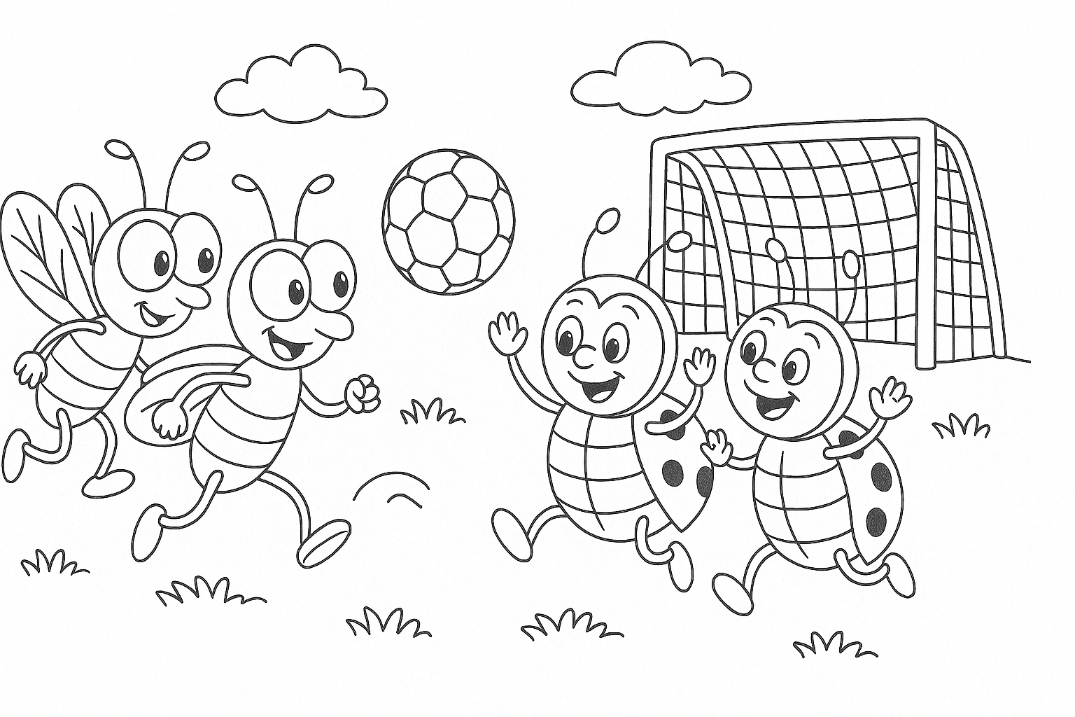 Mariquitas y abejas juegan al fútbol – para colorear