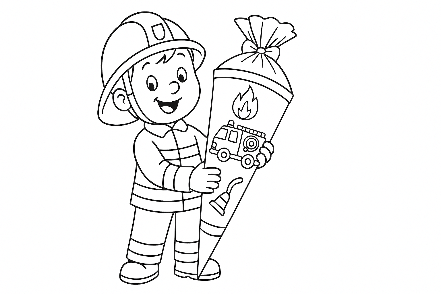 Niño bombero con cono escolar – para colorear