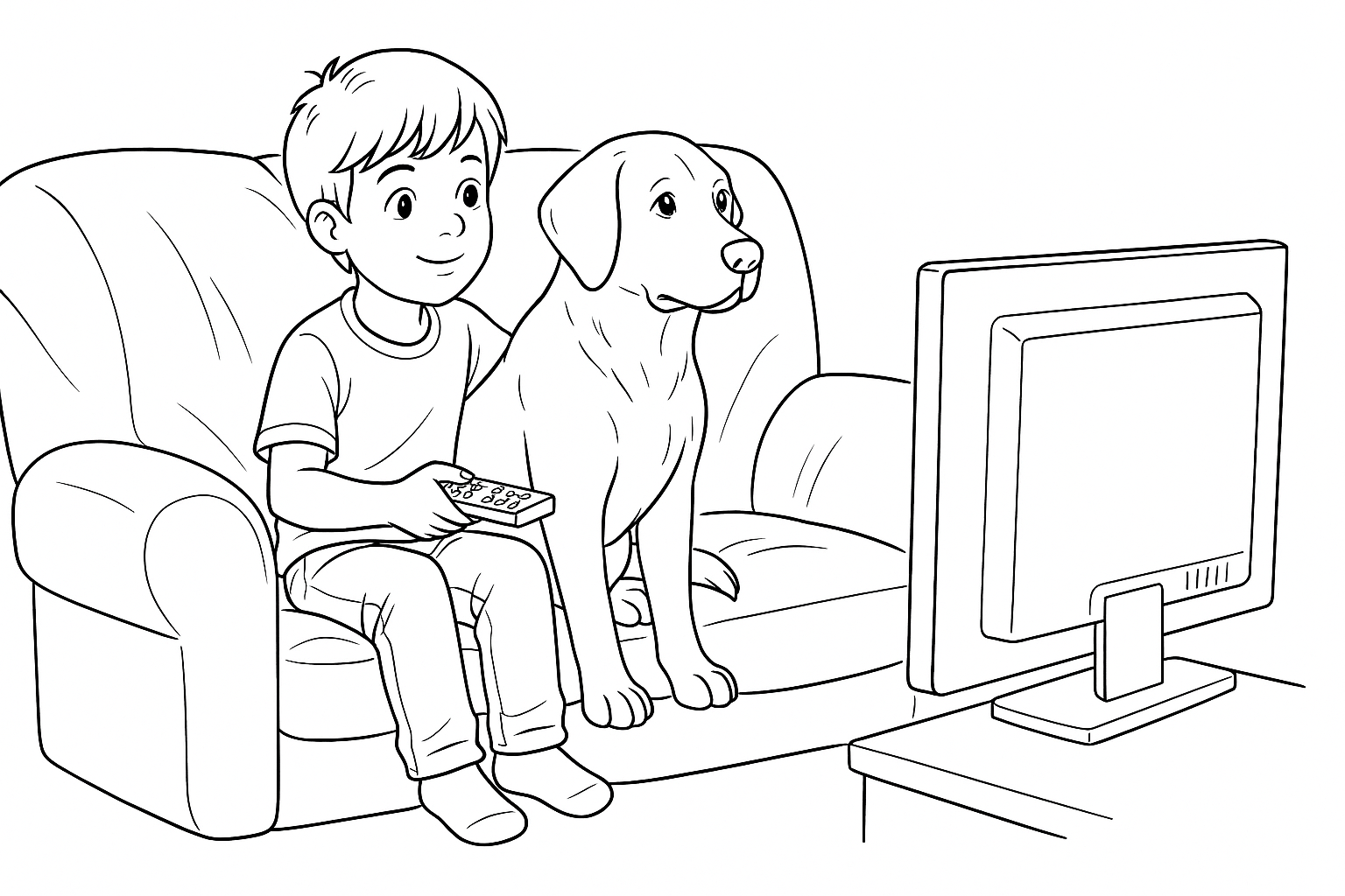Niño y Labrador viendo la televisión