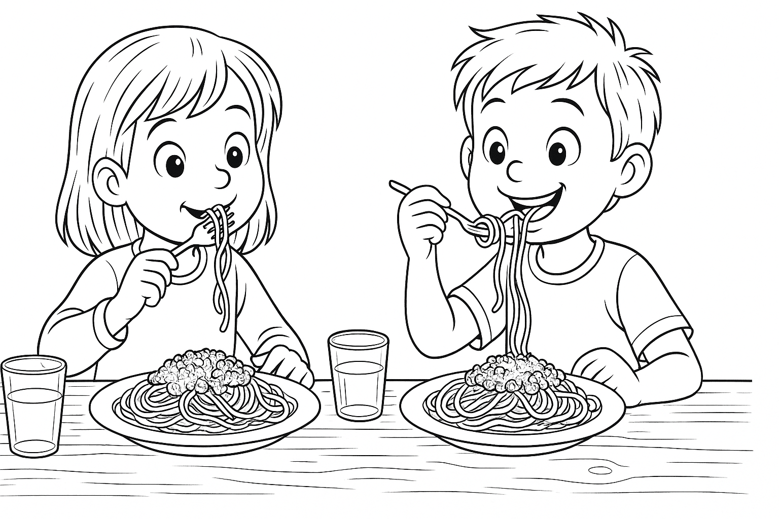 Niños comiendo espaguetis a la boloñesa