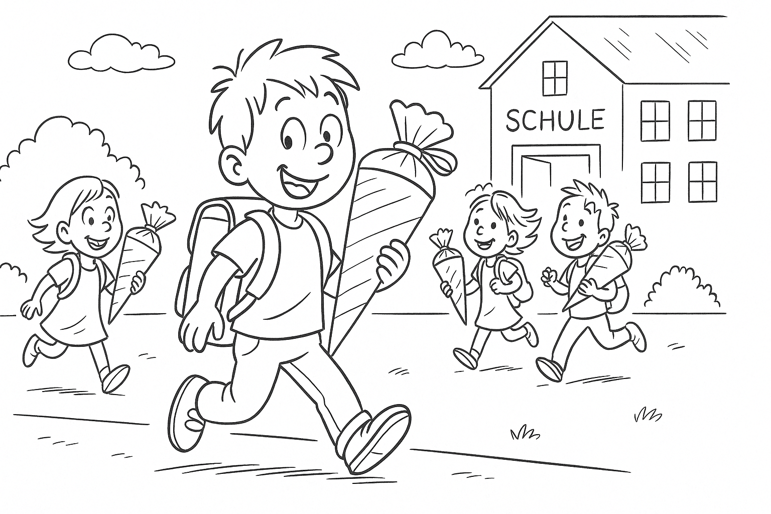 Niños con conos escolares – página para colorear gratis