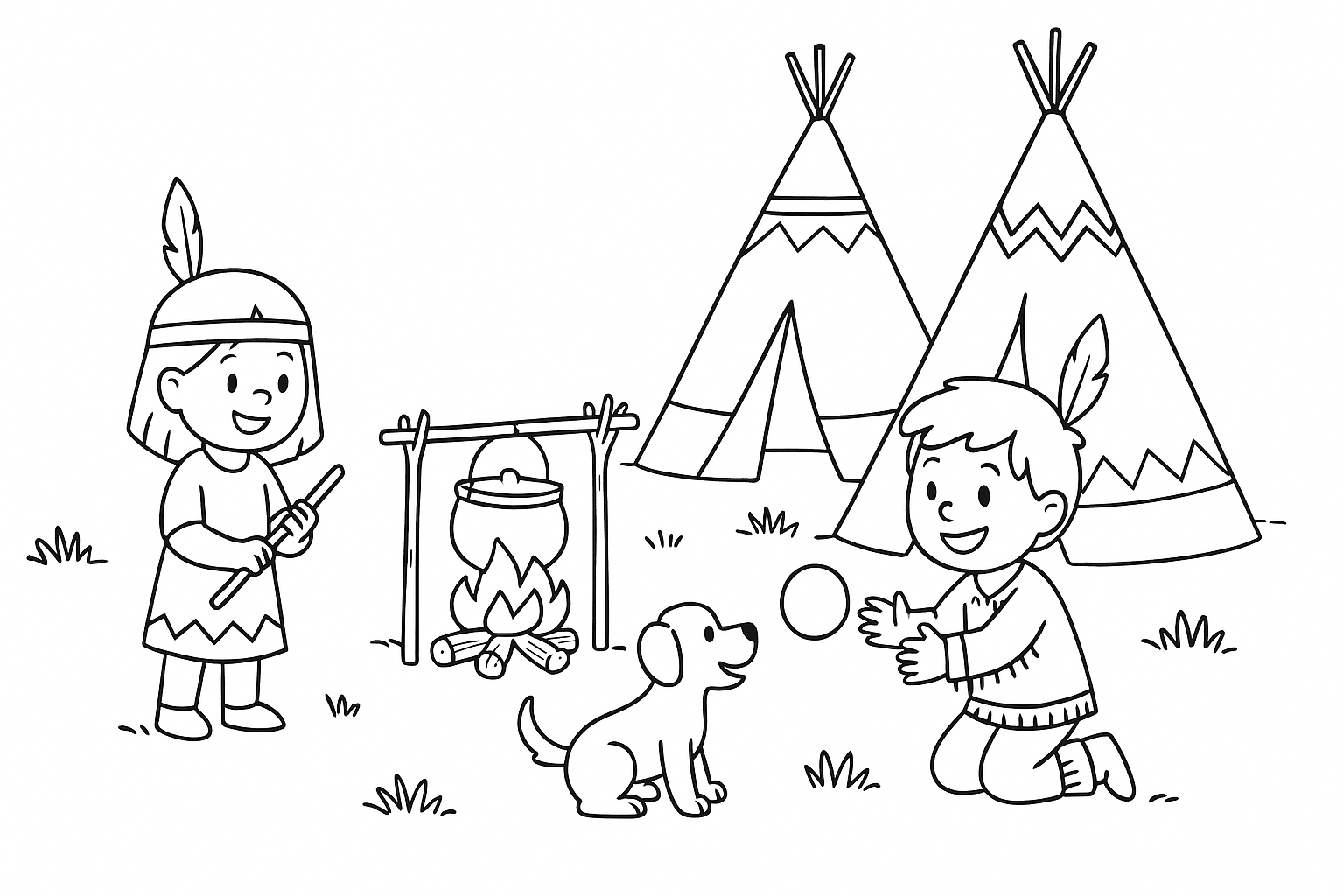 Niños en campamento de tipis junto a la fogata – para colorear (PDF)