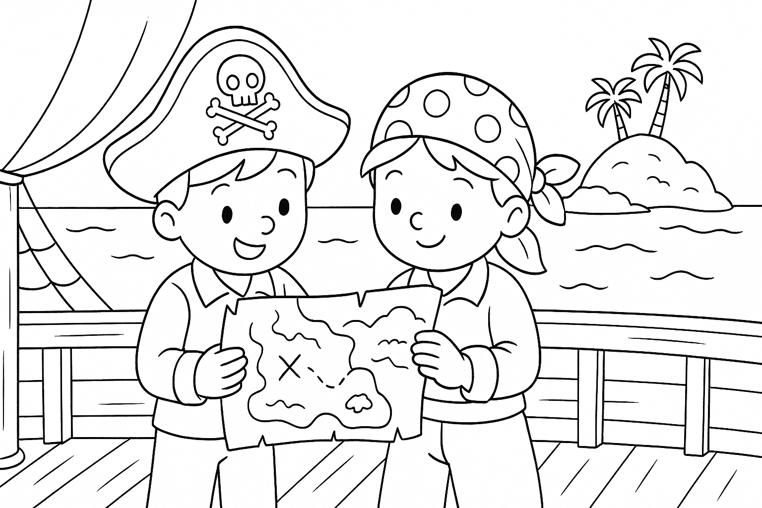 Niños piratas con mapa del tesoro – para colorear