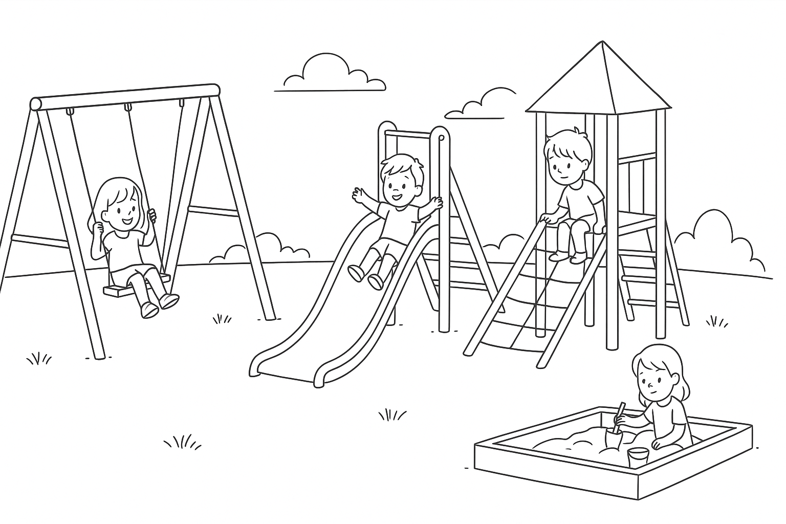 Parque infantil: colorear con niños, plantilla para imprimir