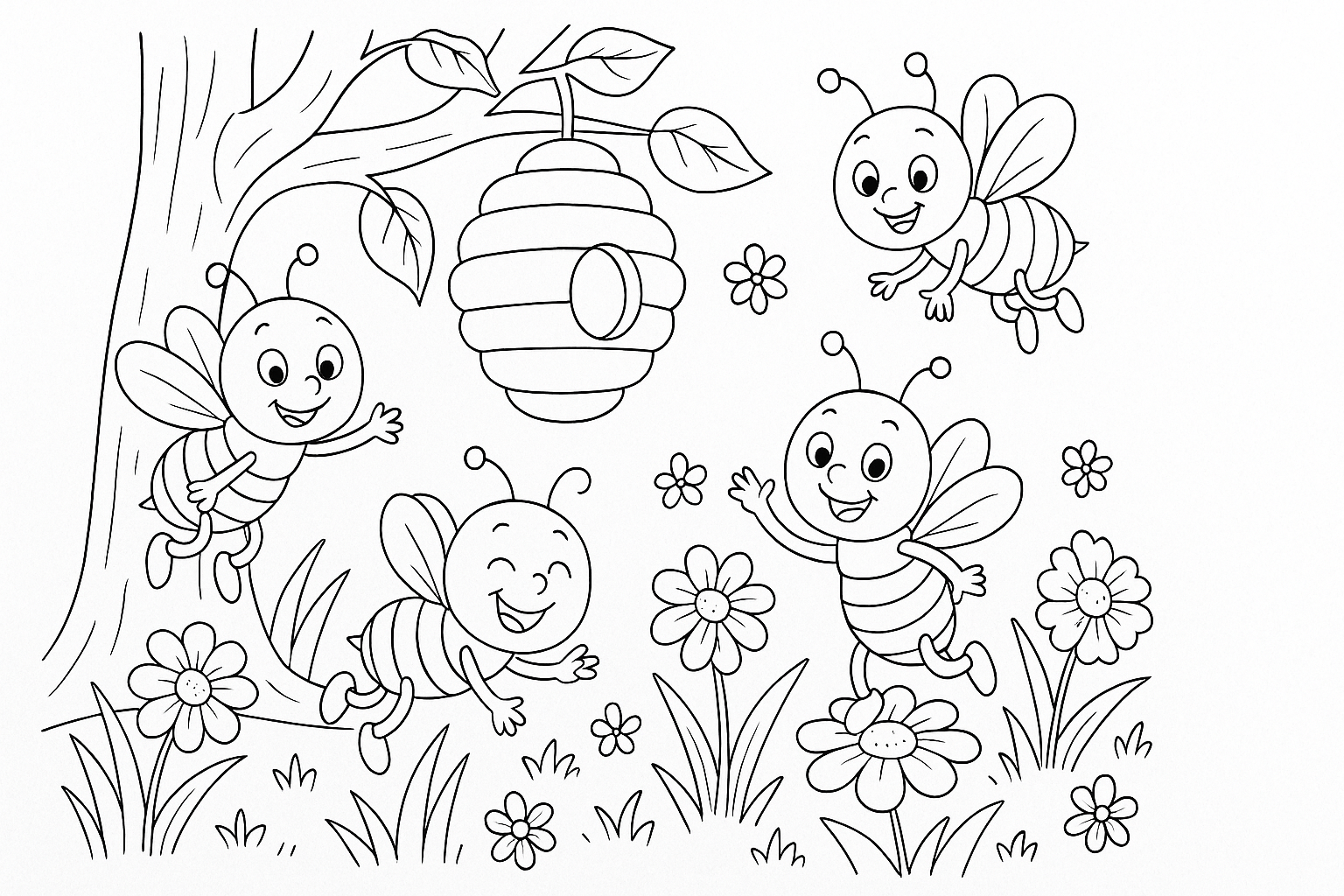 Página para colorear abejas – flores y colmena