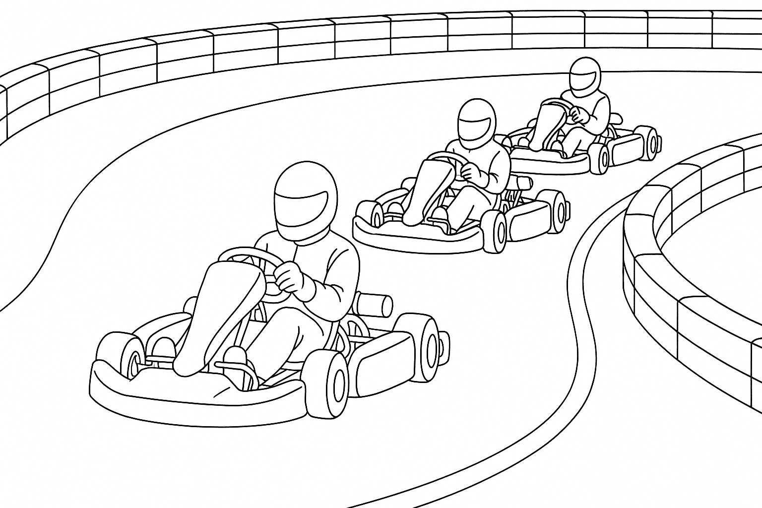 Página para colorear carrera de karts: tres karts en pista