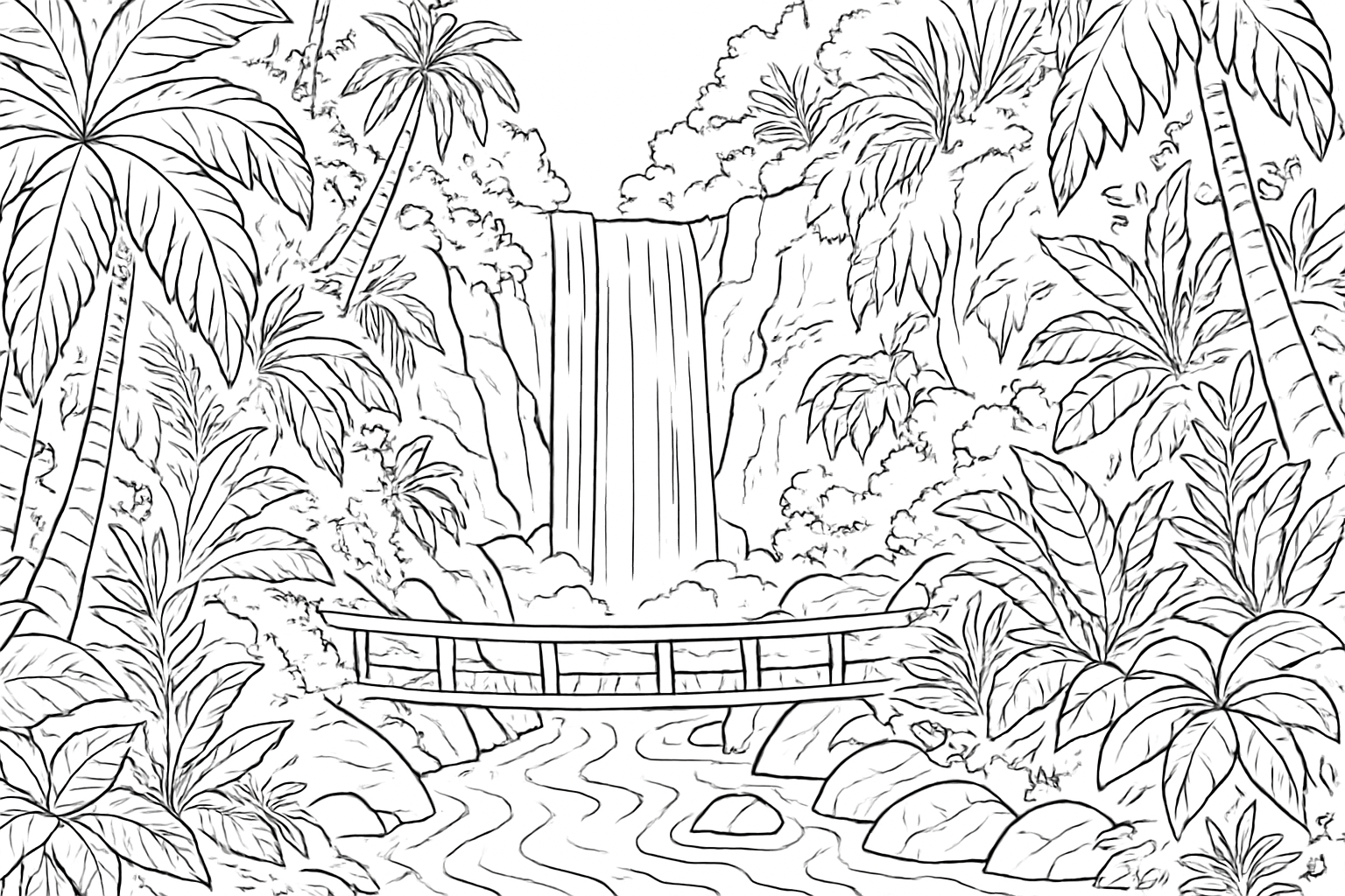 Página para colorear Cascada – Plantilla tropical con puente