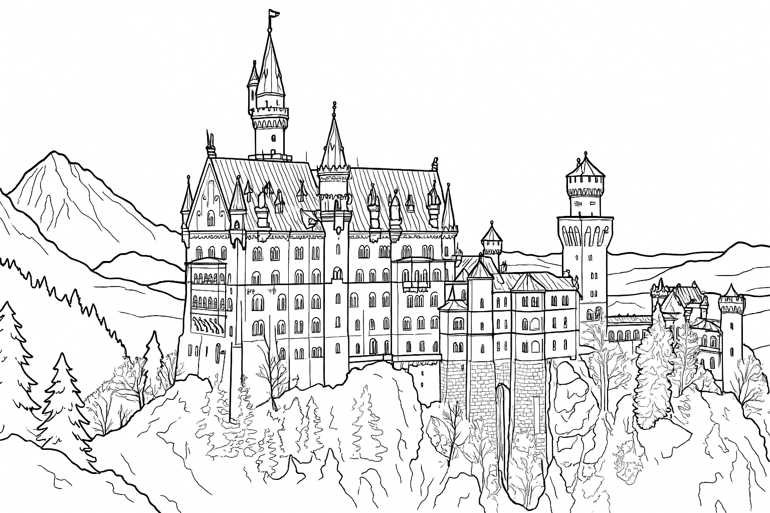 Página para colorear castillo de Neuschwanstein – plantilla PDF gratuita