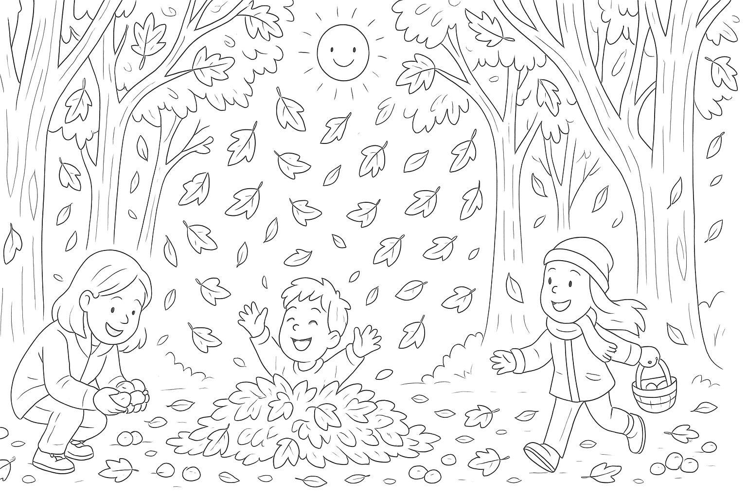 Página para colorear de otoño: niños recogen hojas, castañas
