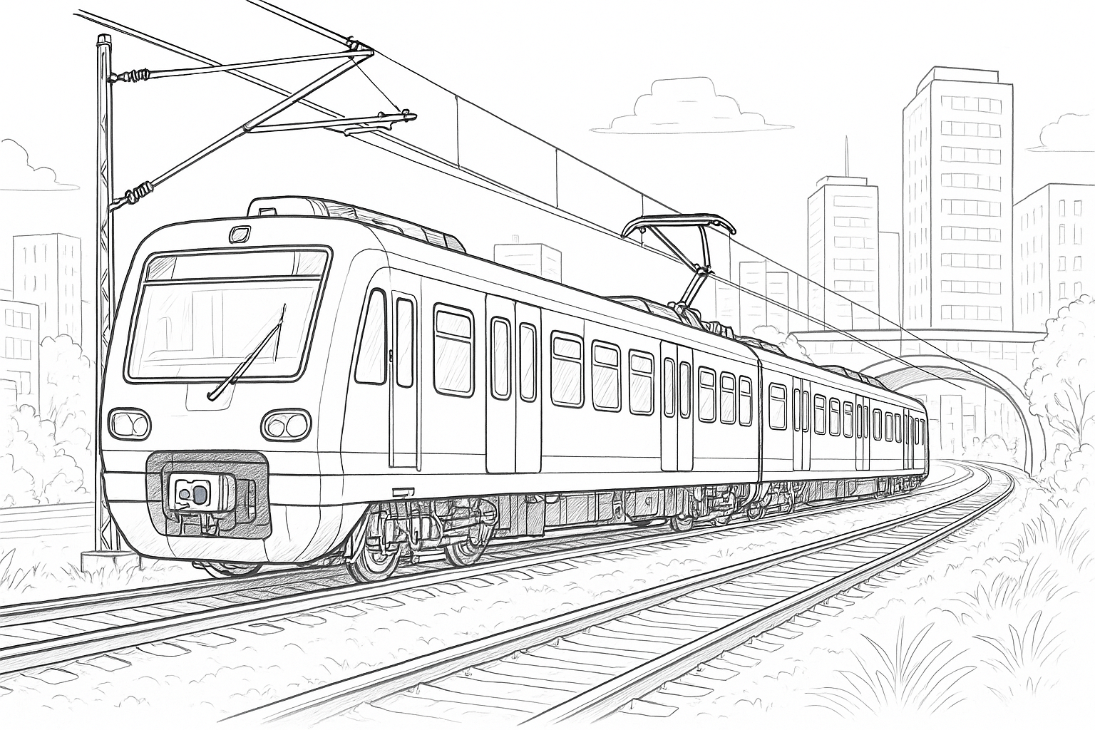 Página para colorear de S-Bahn en la ciudad – realista y gratuita