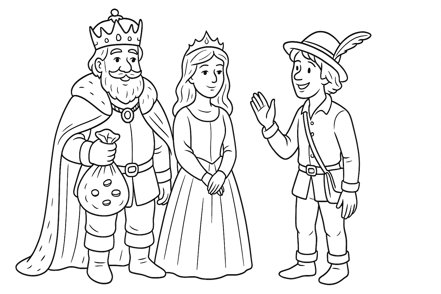 Página para colorear del sastre valiente con rey y princesa