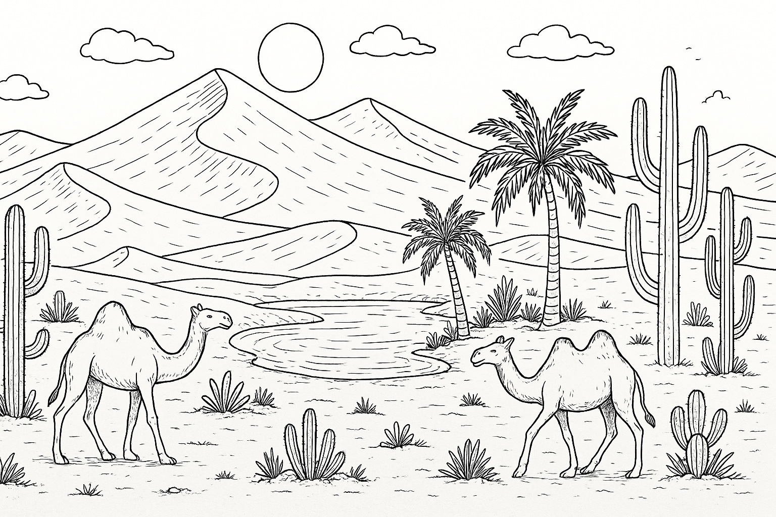 Página para colorear Desierto: oasis, cactus y camellos para imprimir