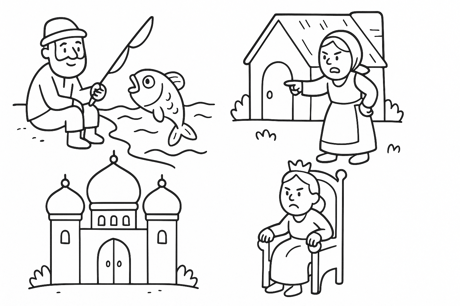 Página para colorear El pescador y su mujer – plantilla cuento A4