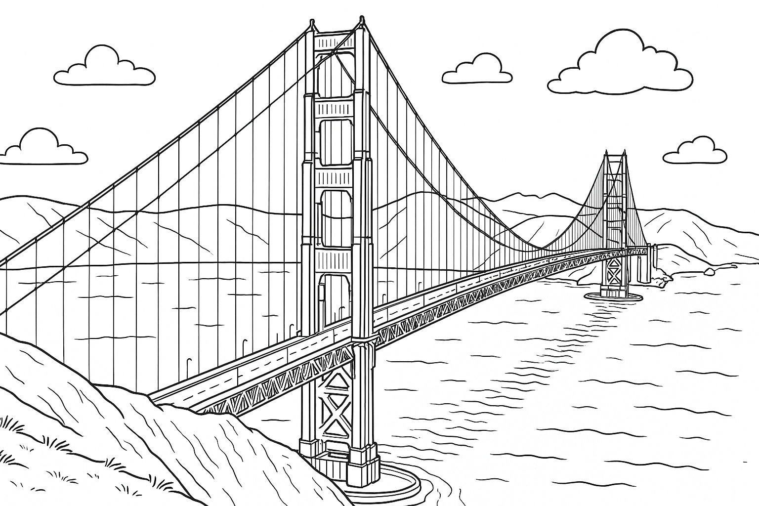 Página para colorear Golden Gate Bridge – Plantilla gratuita para imprimir