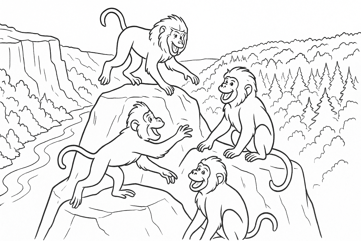 Página para colorear gratis: monos jugando en la naturaleza