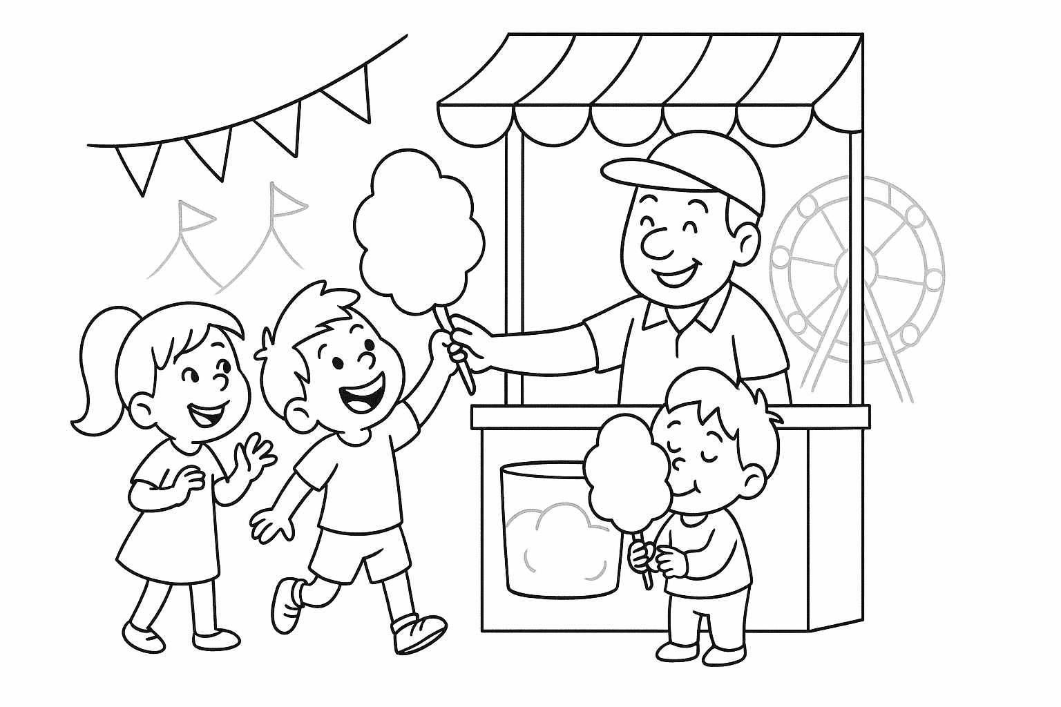 Página para colorear gratis: niños en el puesto de algodón de azúcar