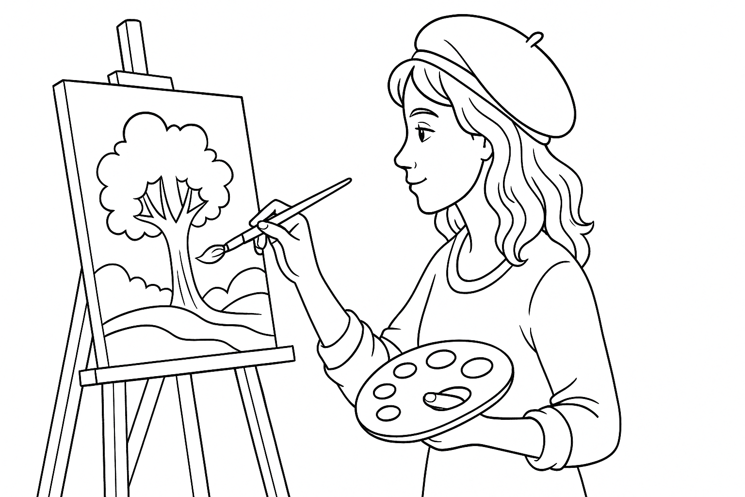 Página para colorear gratuita – Artista pintando un cuadro