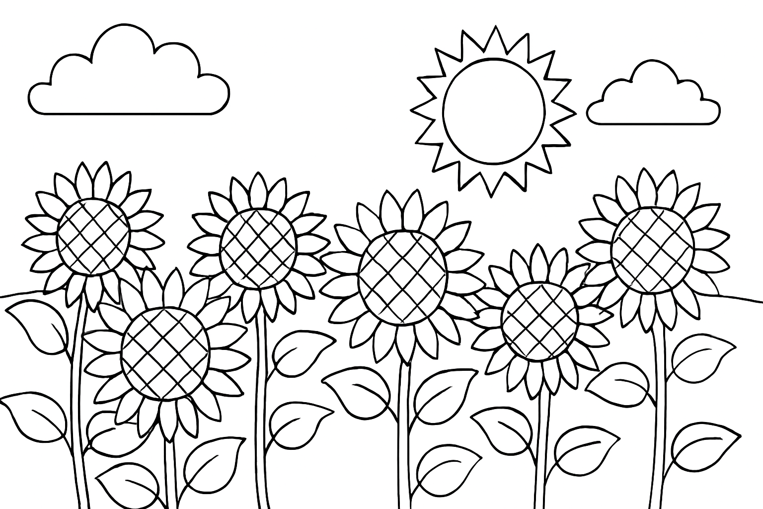 Página para colorear gratuita de campo de girasoles para imprimir y colorear
