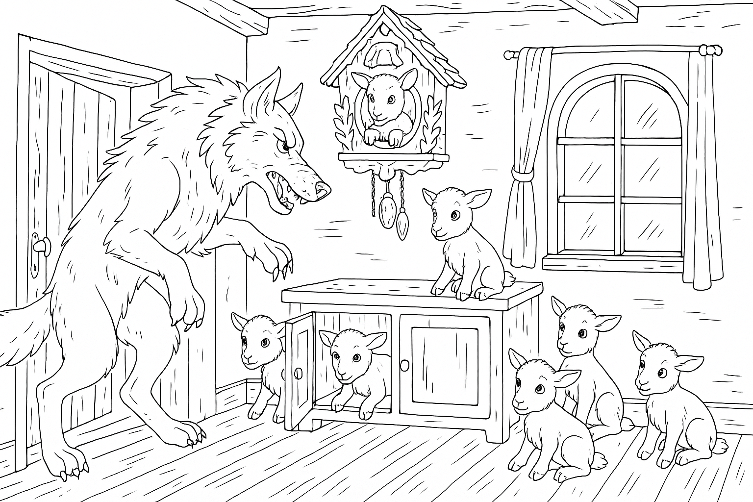 Página para colorear gratuita: El lobo y los siete cabritos