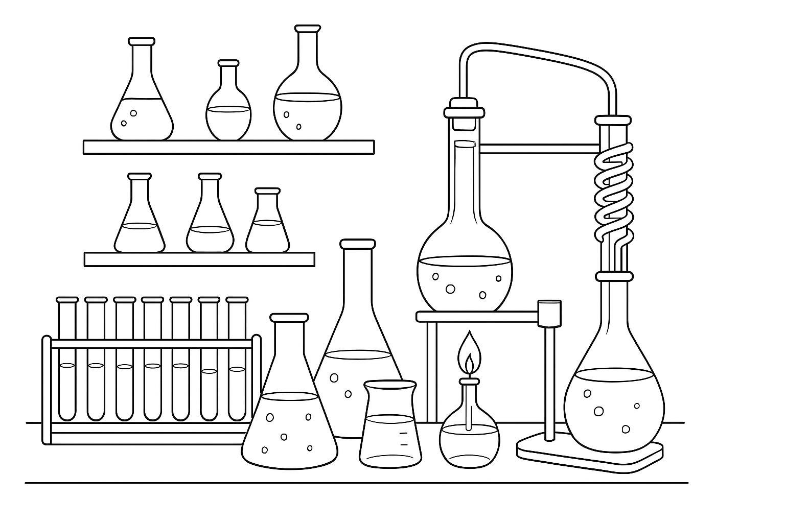 Página para colorear Laboratorio de química con tubos de ensayo – Plantilla A4