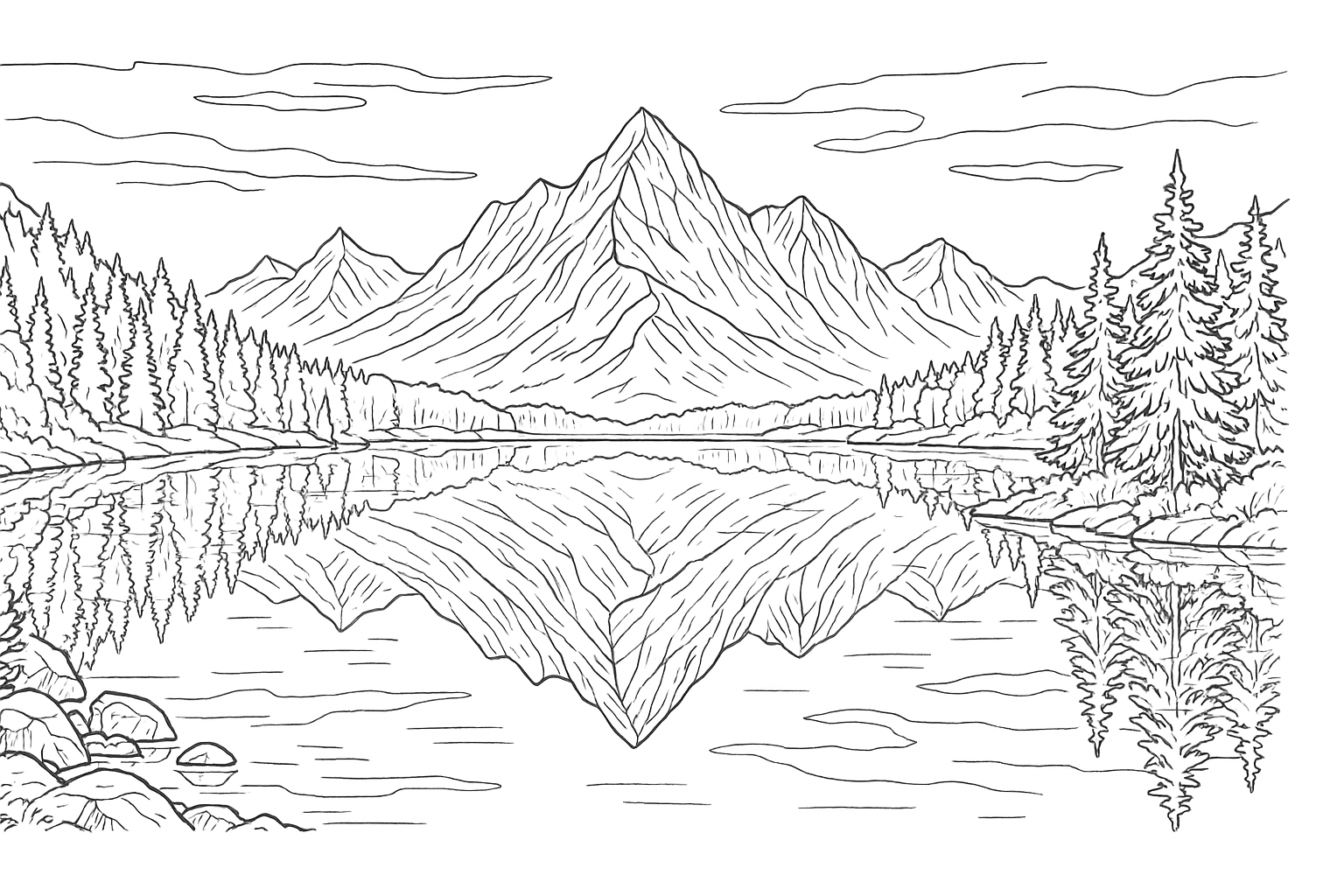 Página para colorear Lago de montaña – plantilla gratuita montañas y naturaleza
