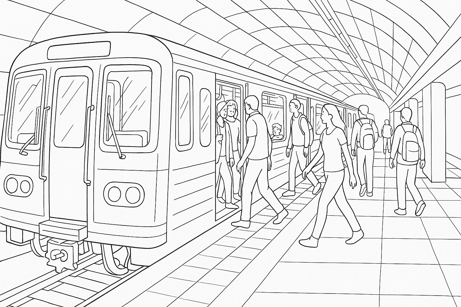 Página para colorear Metro con pasajeros – Plantilla gratuita A4