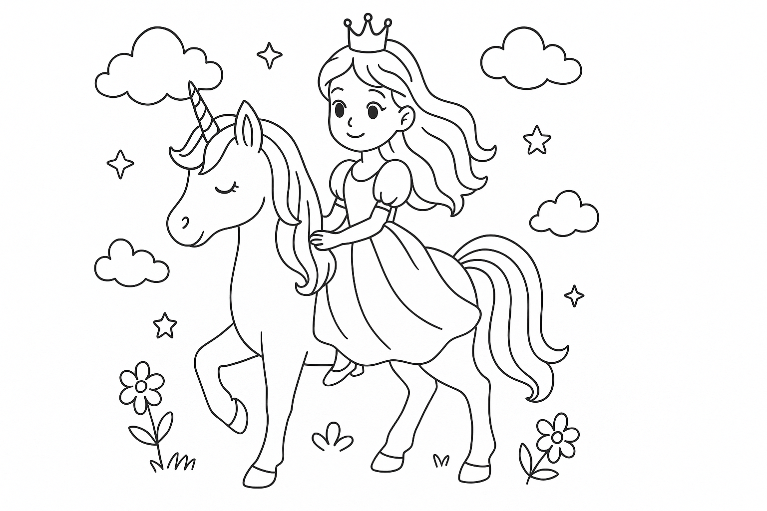 Página para colorear mágica – princesa sobre un unicornio