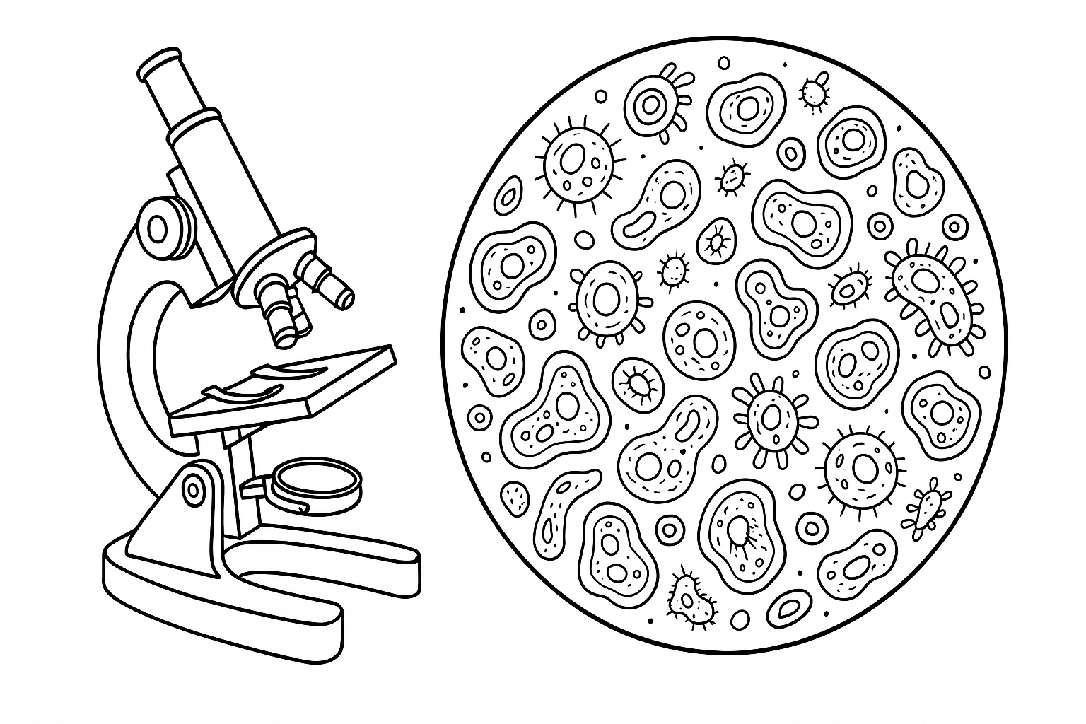 Página para colorear microscopio con células – plantilla PDF gratuita
