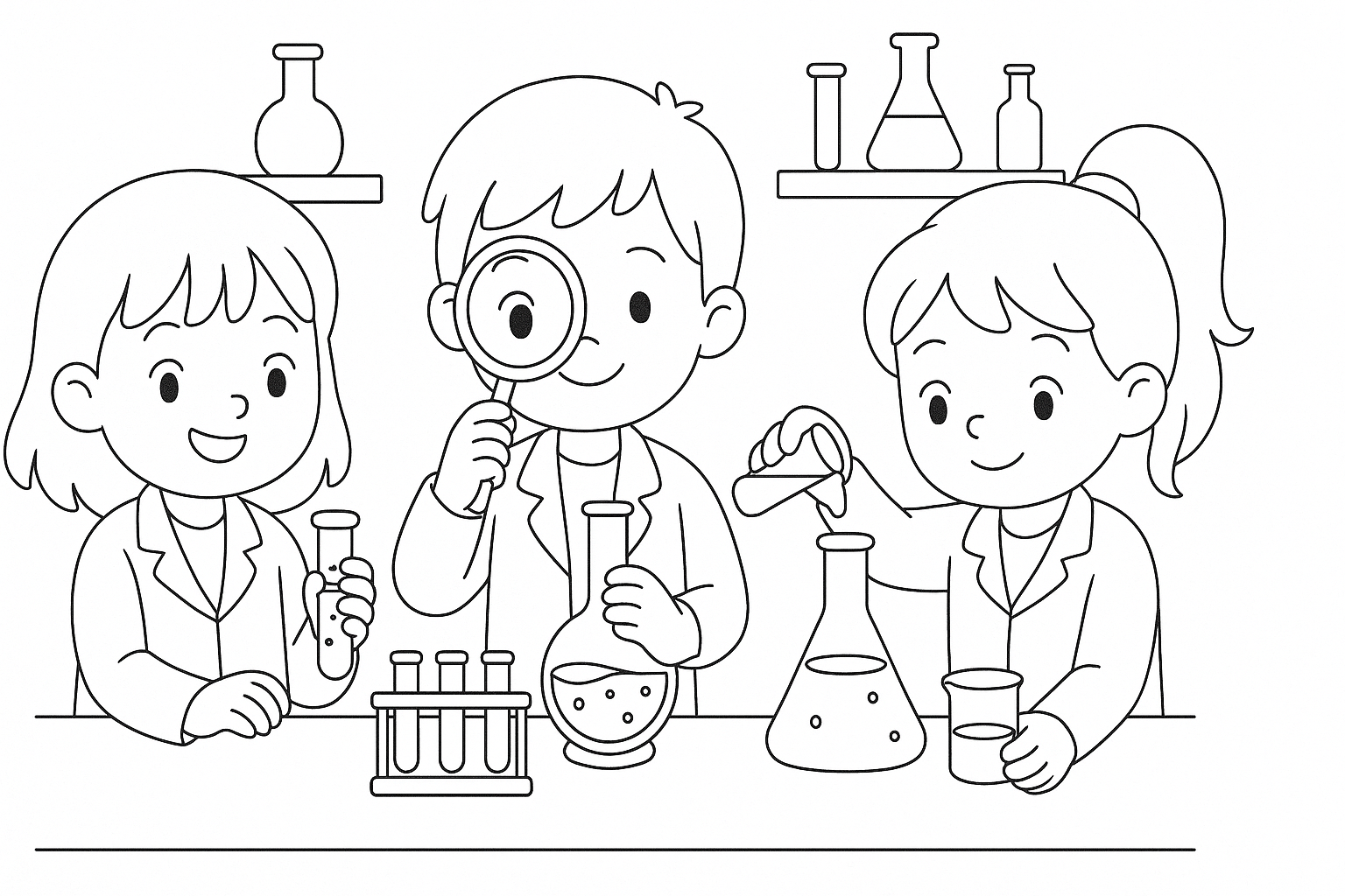 Página para colorear Niños experimentando – plantilla gratuita A4 para imprimir
