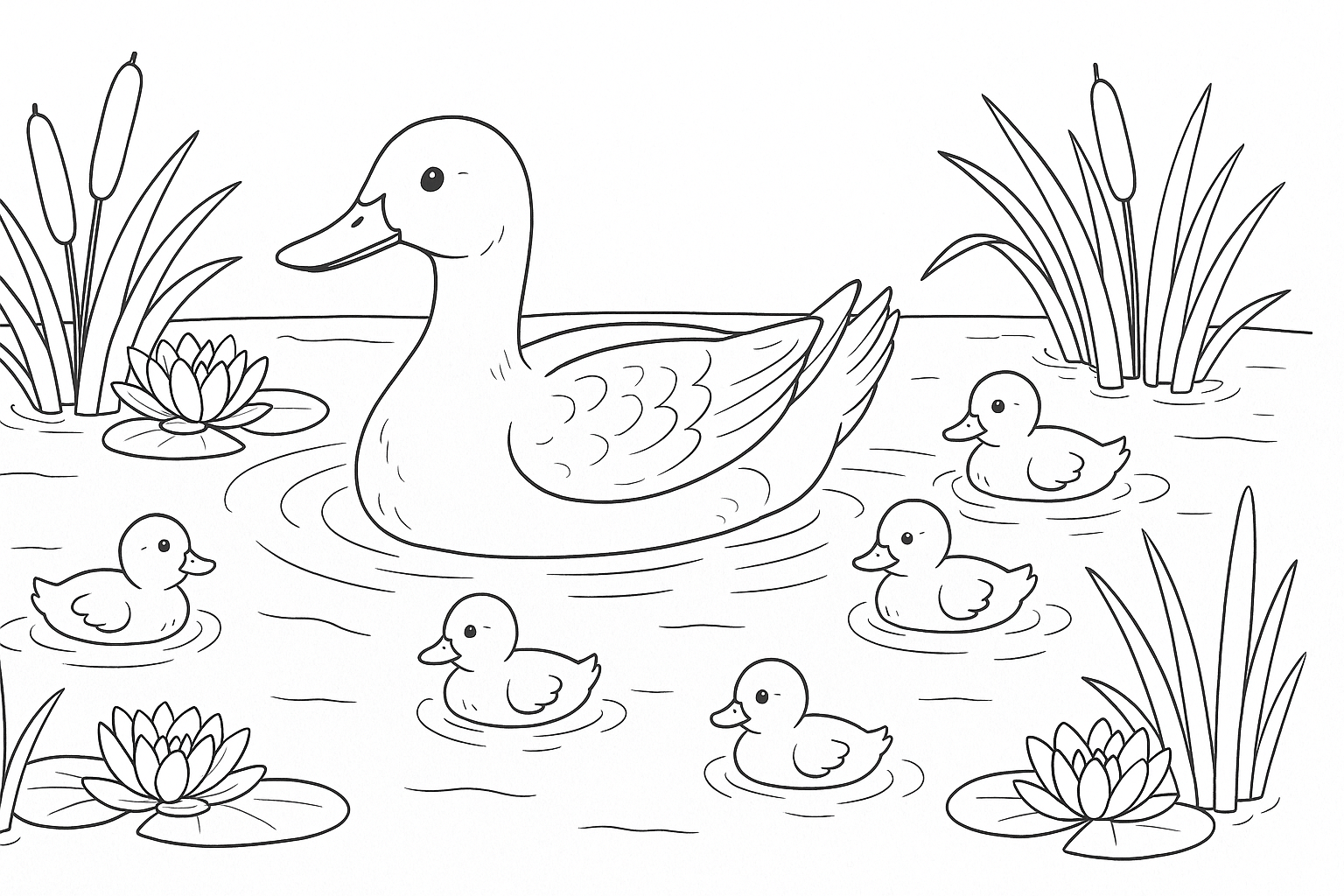 Página para colorear pato: mamá y patitos en el estanque
