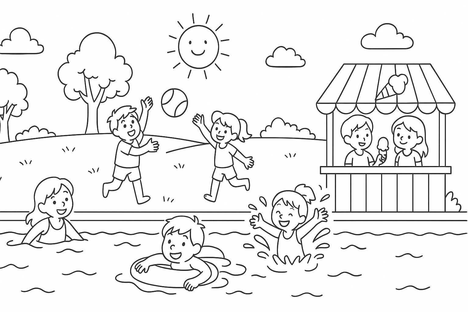 Página para colorear piscina de verano – niños jugando