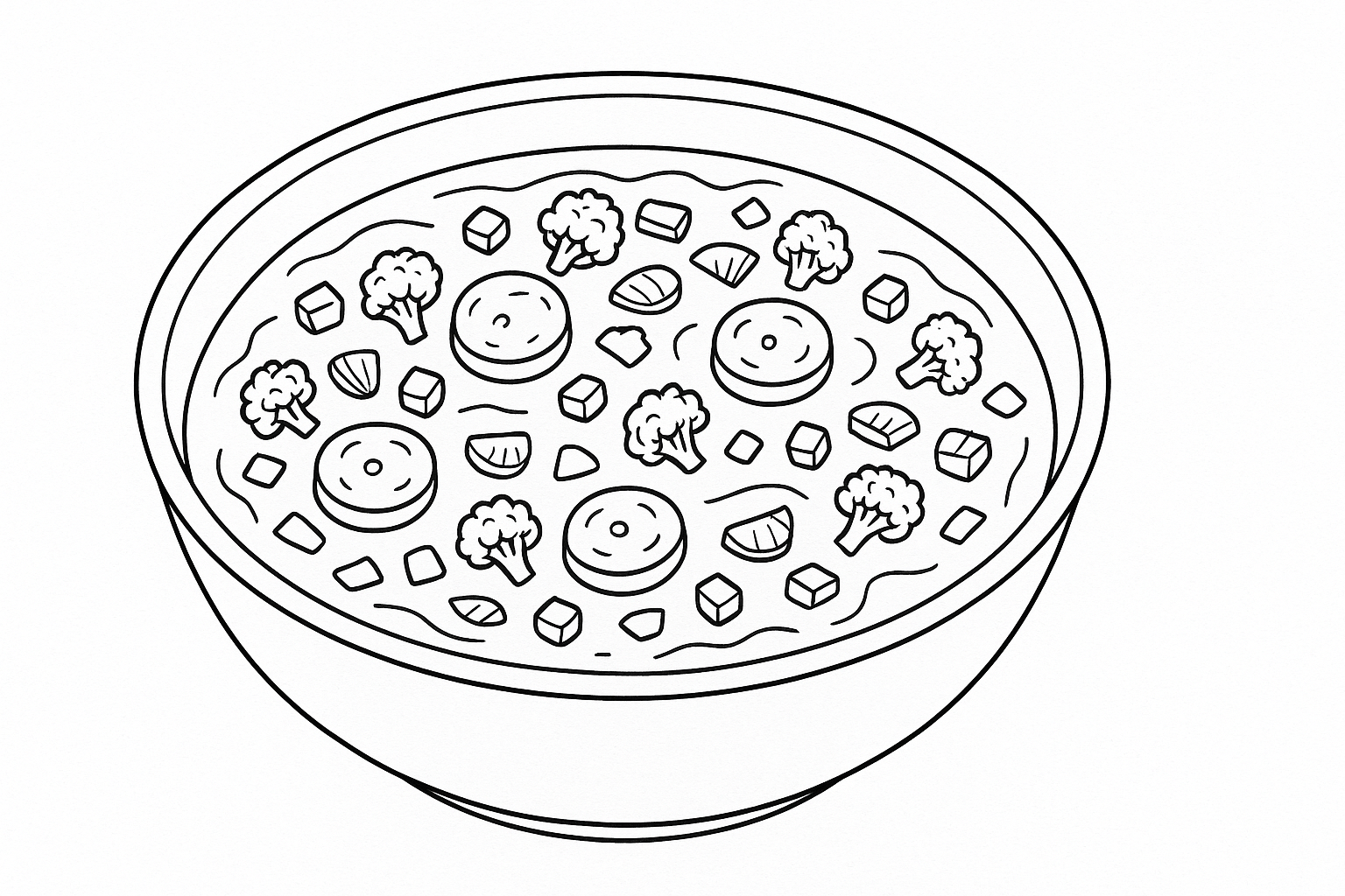 Página para colorear sopa con verduras y salchichas – PDF A4