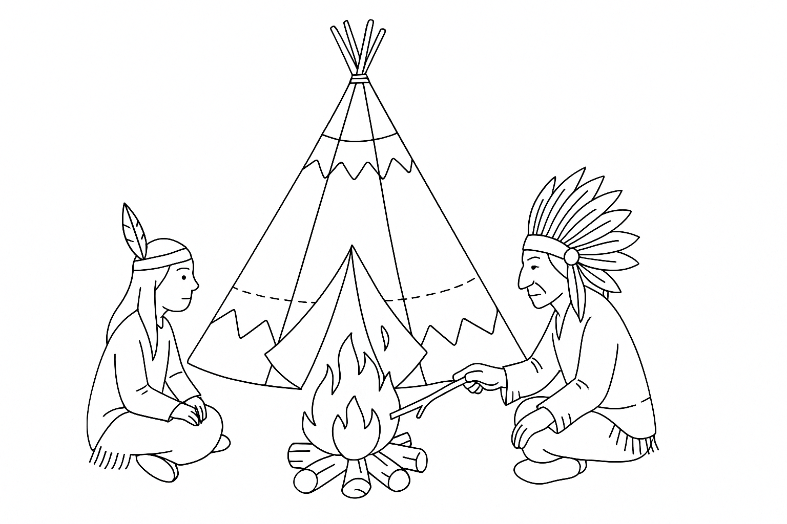 Página para colorear tipi – fogata con nativos americanos