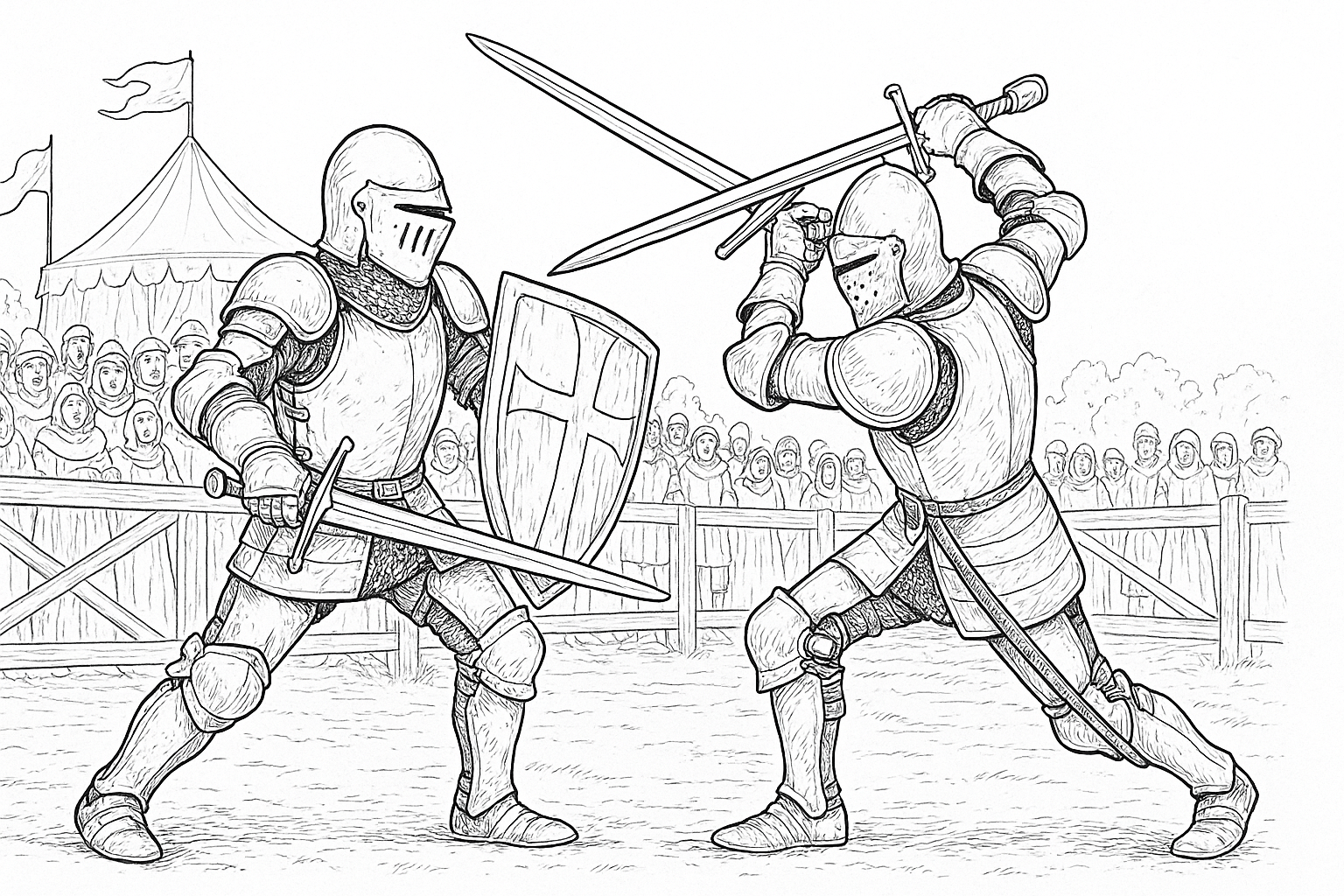 Página para colorear torneo medieval – duelo de espadas