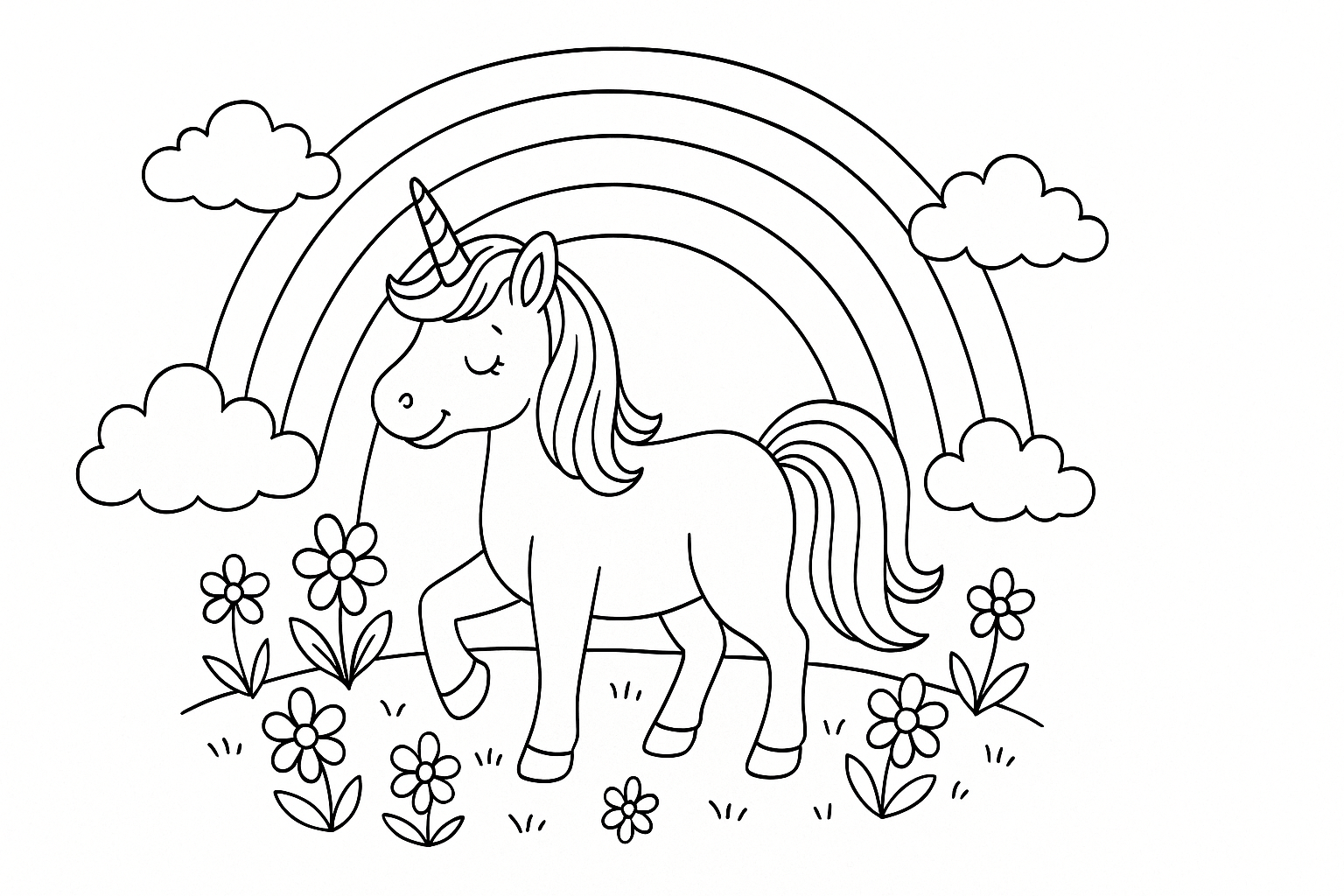 Página para colorear unicornio con arcoíris – para niños