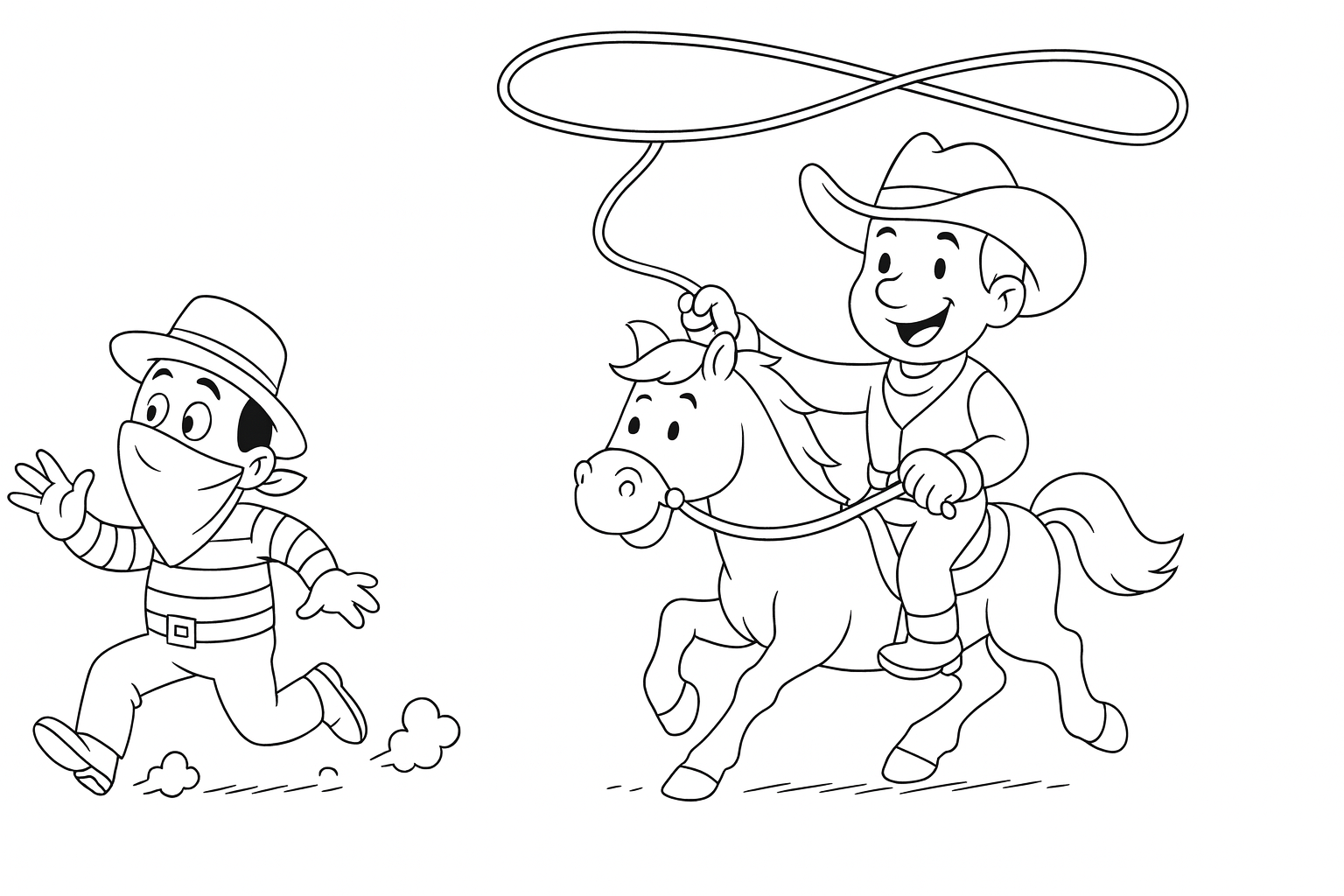 Página para colorear vaquero persigue bandidos – Oeste